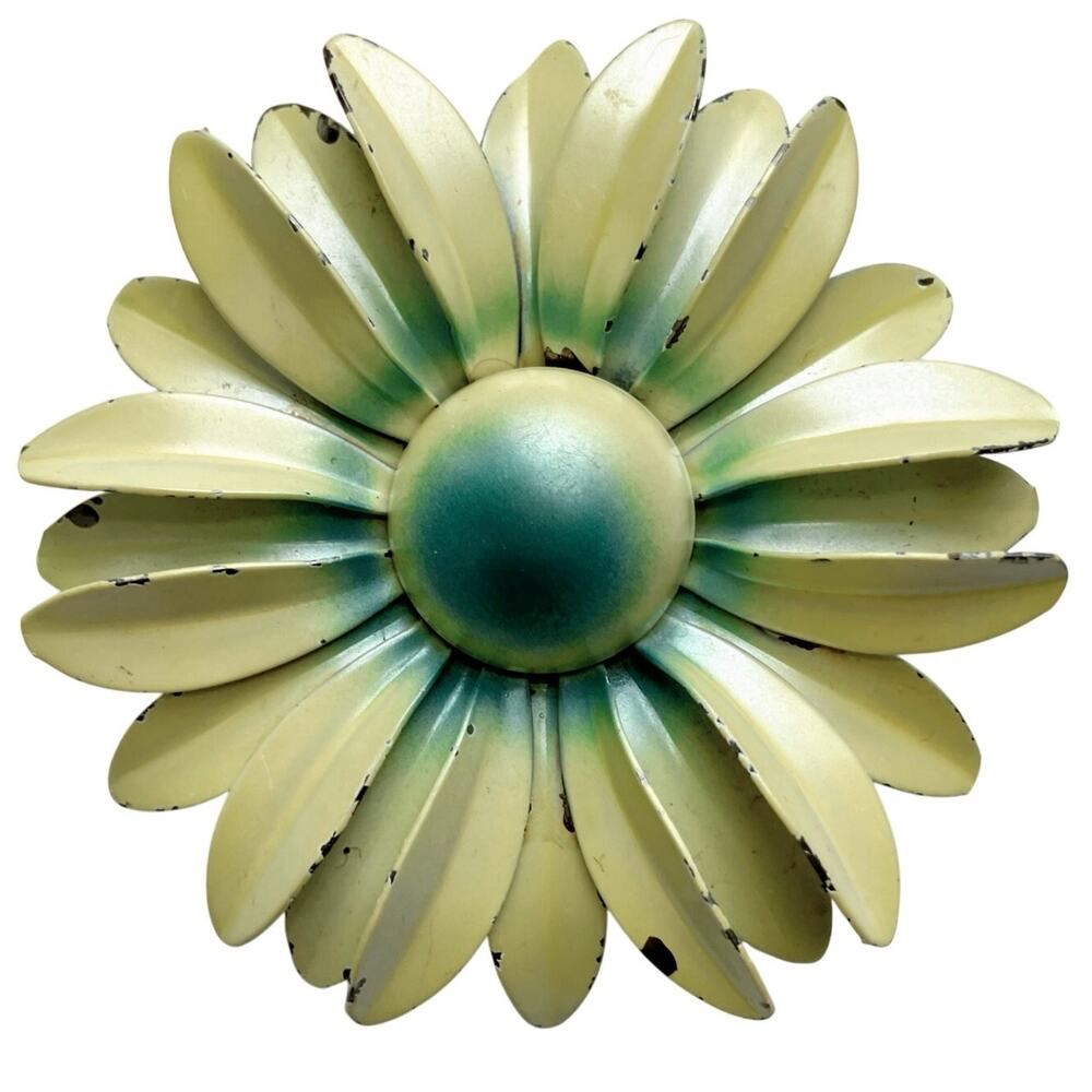 VTG 1960s Mod Cream Yellow Enamel Daisy Flower Power Brooch Enameled Metal Pin
